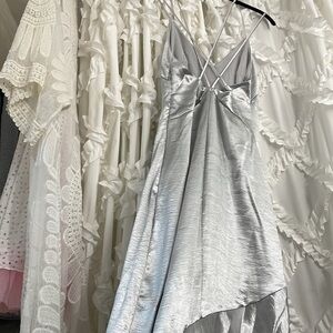 56 long satin silver metallic dress cross event back gown runway homecoming prom